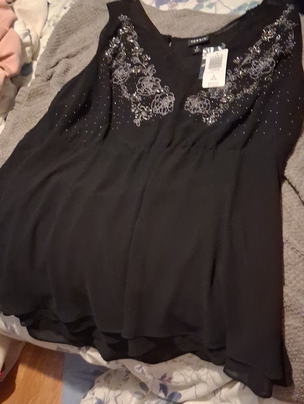 torrid Black Beaded Floral V-Neck Tunic Blouse